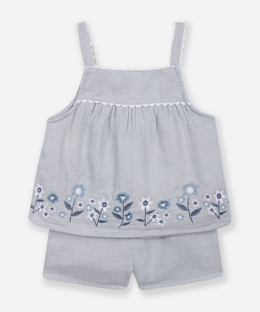 conjunto infantil curto floral azul