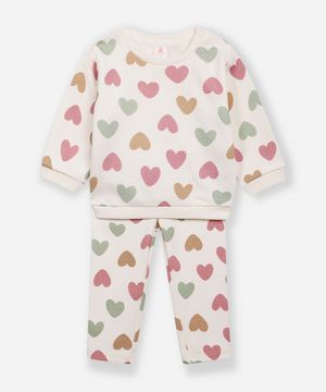 conjunto infantil longo de moletom coração off white