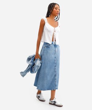 saia midi feminina evasê jeans cintura média azul