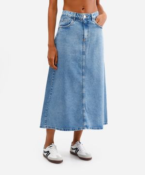 saia midi feminina evasê jeans cintura média azul