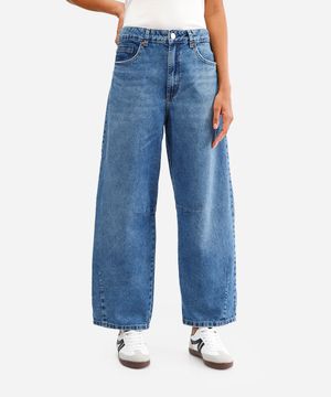 calça baggy feminina jeans cintura média azul