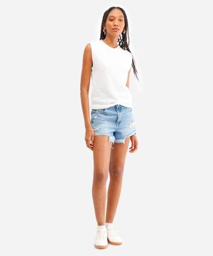 short reto feminino jeans destroyed azul