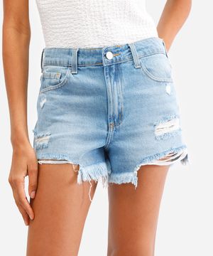 short reto feminino jeans destroyed azul