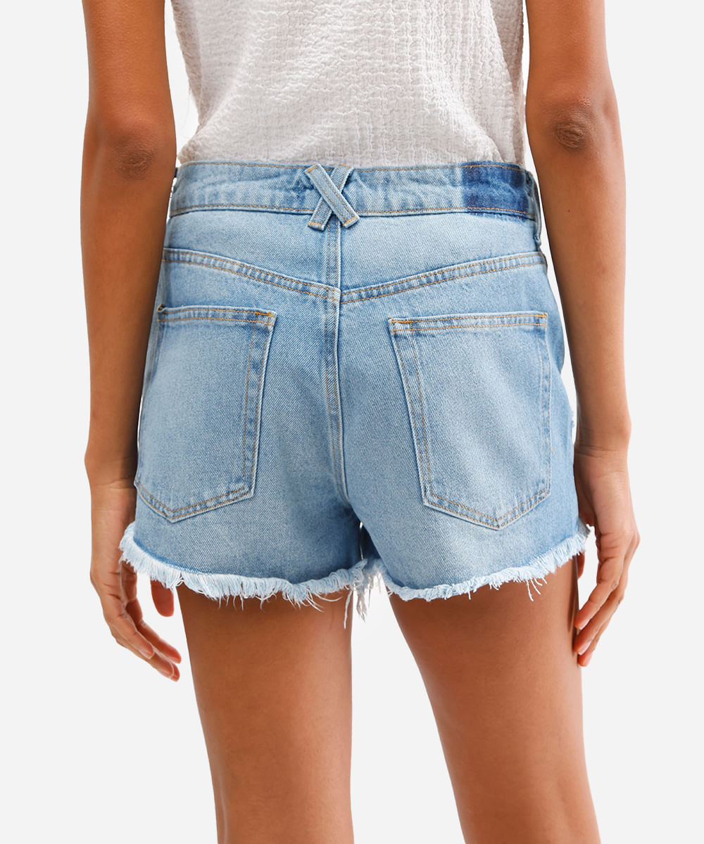 short reto feminino jeans destroyed azul