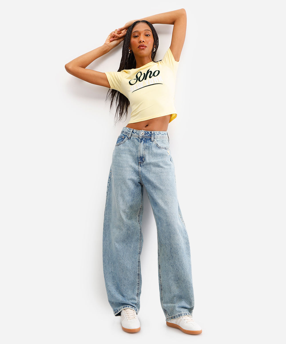 cropped feminino de algodão soho manga curta amarelo