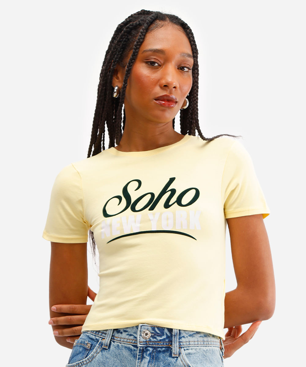 cropped feminino de algodão soho manga curta amarelo
