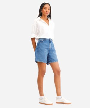 bermuda mom feminina jeans cós elástico azul