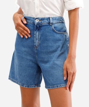 bermuda mom feminina jeans cós elástico azul