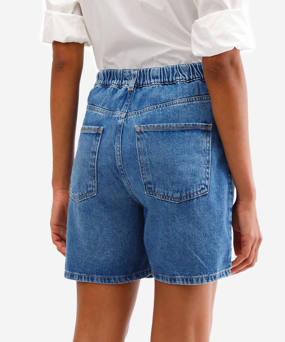 bermuda mom feminina jeans cós elástico azul