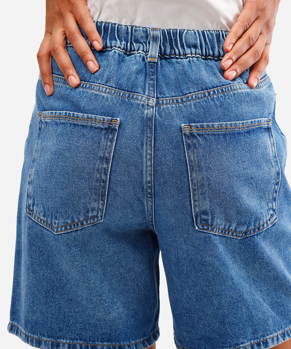bermuda mom feminina jeans cós elástico azul