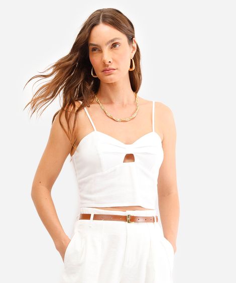 top com linho decote coração off white