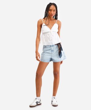 short feminino jeans destroyed azul