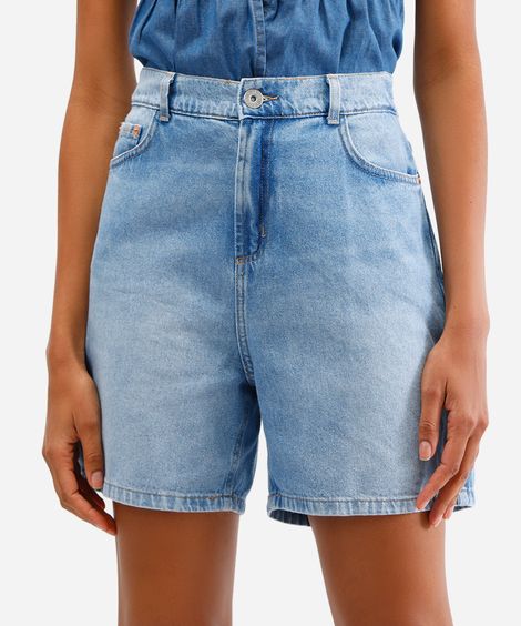 bermuda mom feminina jeans cós elástico azul