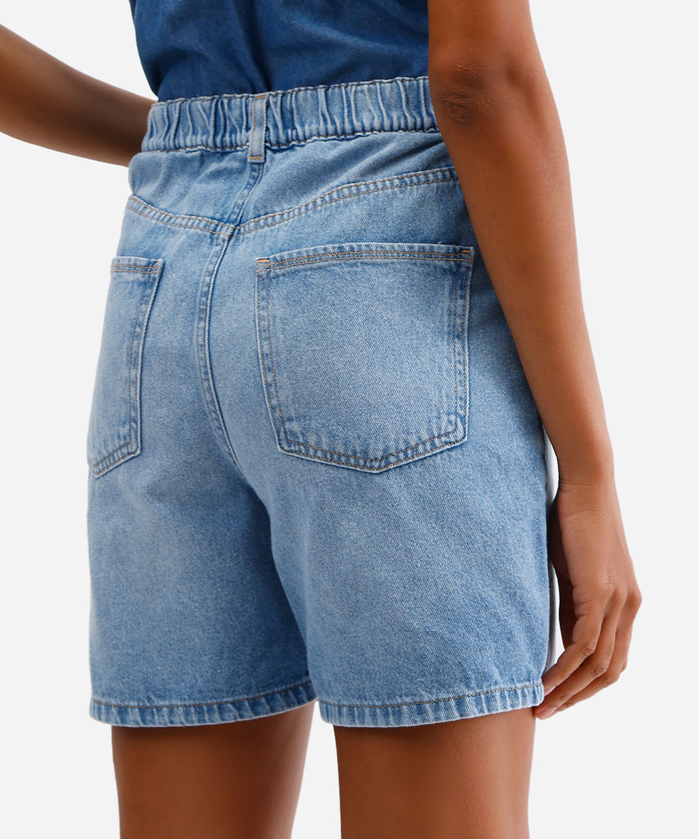 bermuda mom feminina jeans cós elástico azul