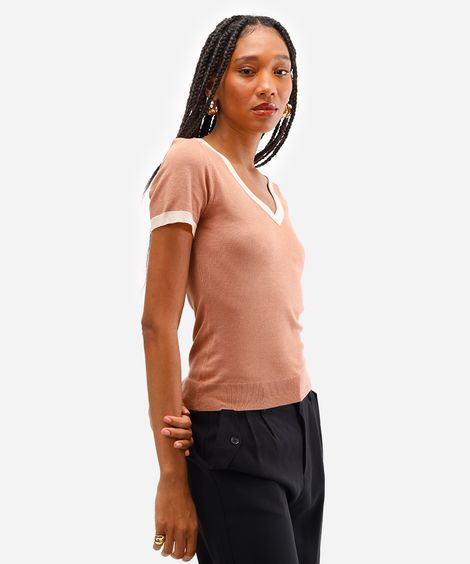 blusa feminina de tricot decote v bege