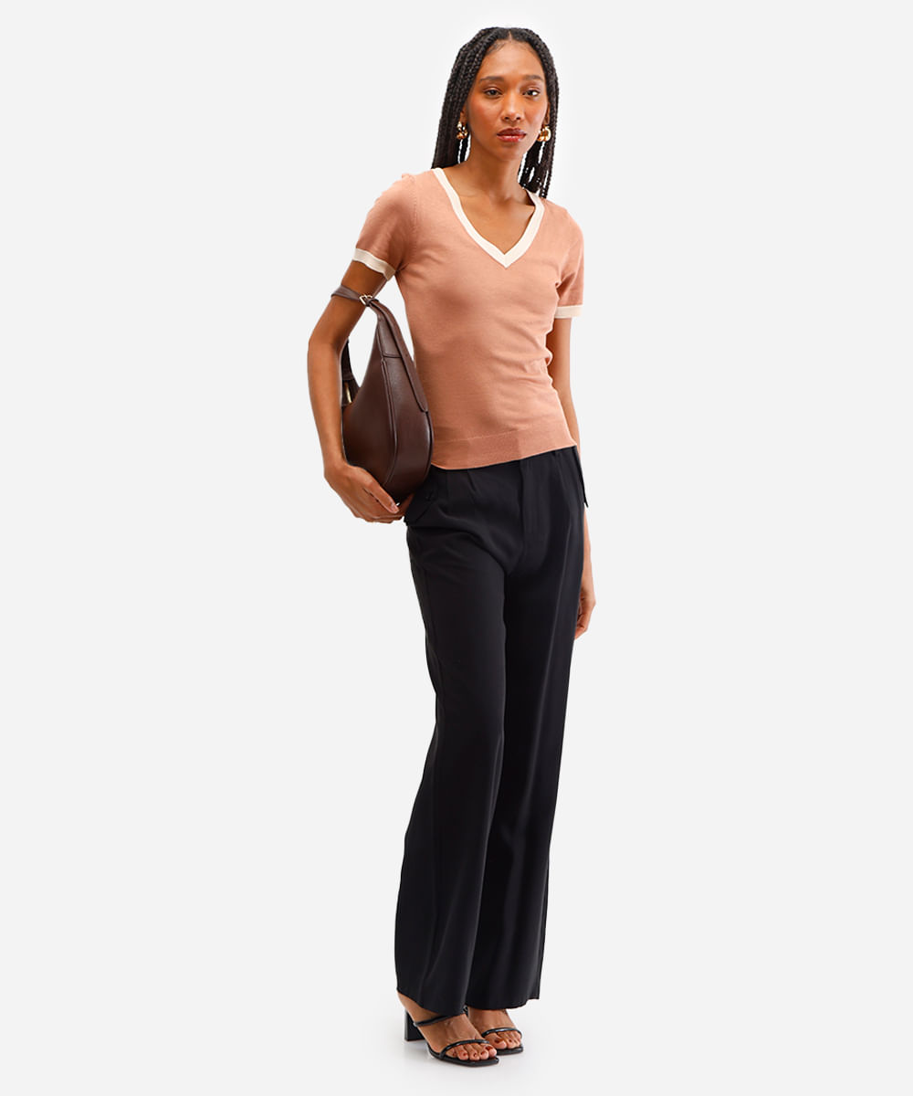 blusa feminina de tricot decote v bege