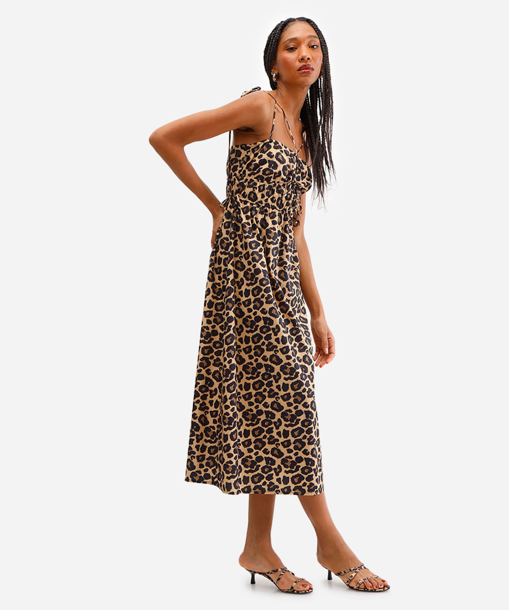 vestido midi feminino de algodão animal print bege