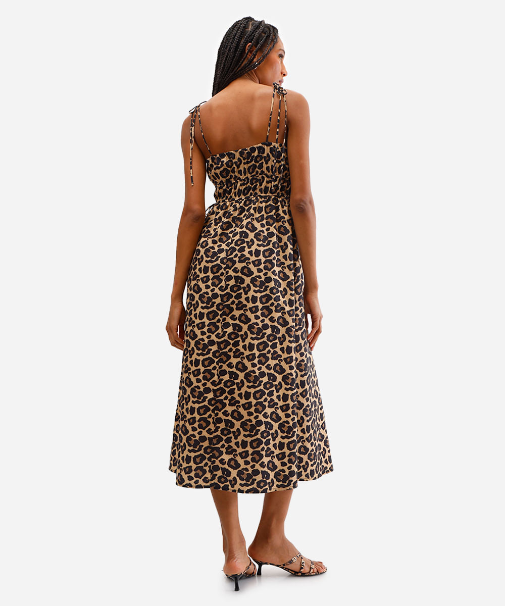 vestido midi feminino de algodão animal print bege