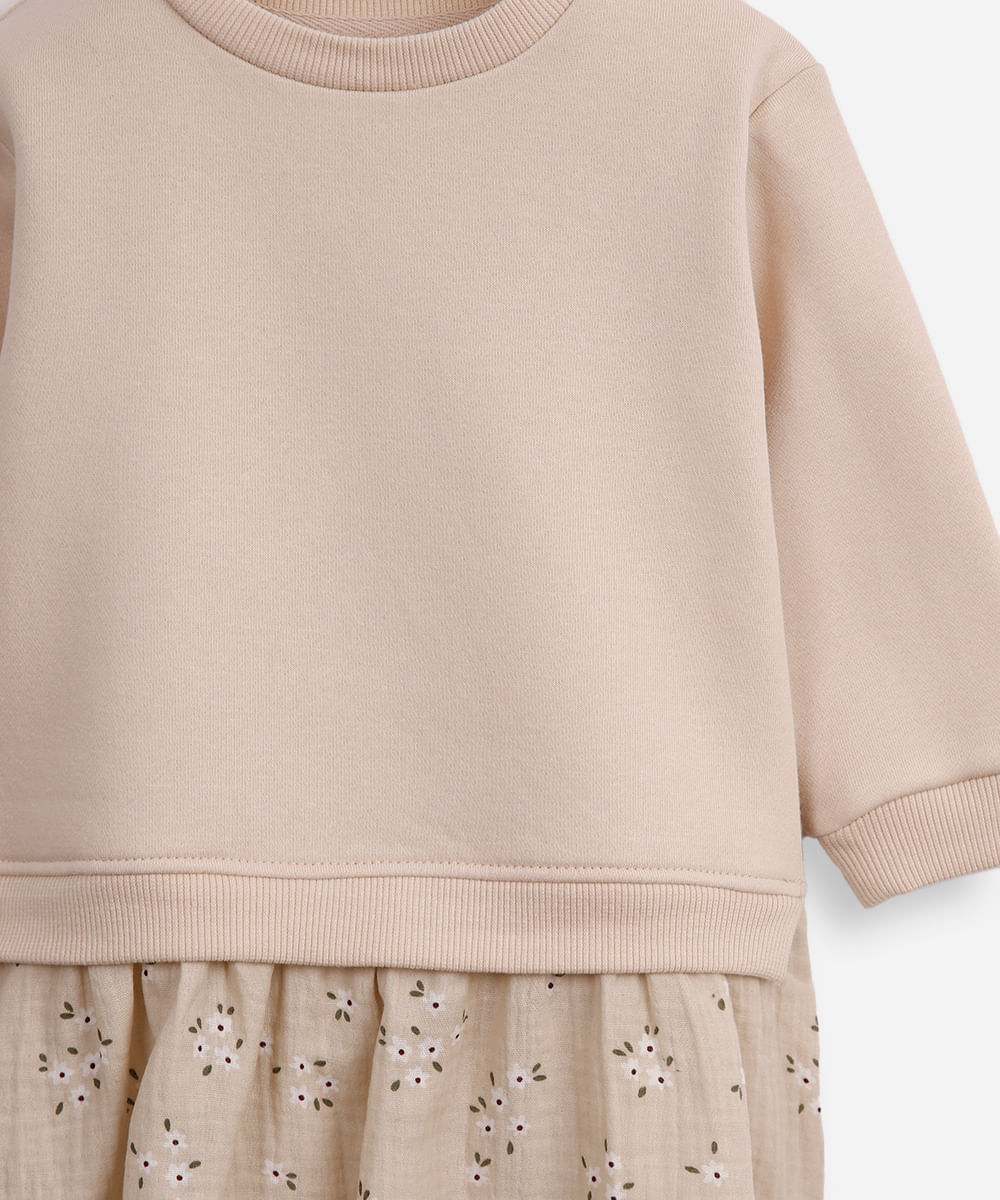 vestido de moletom infantil floral bege