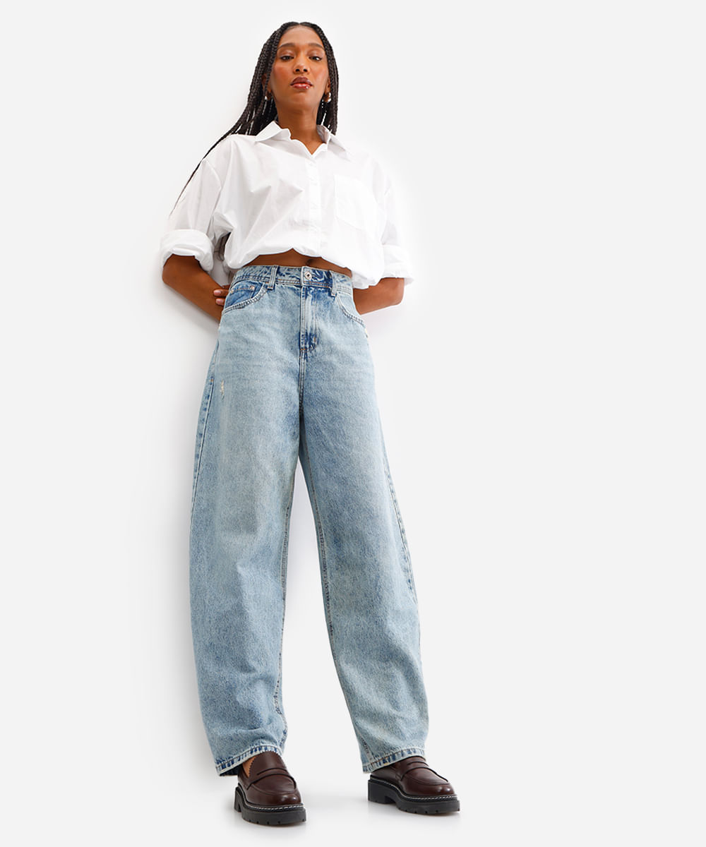 calça balloon feminina jeans destroyed azul