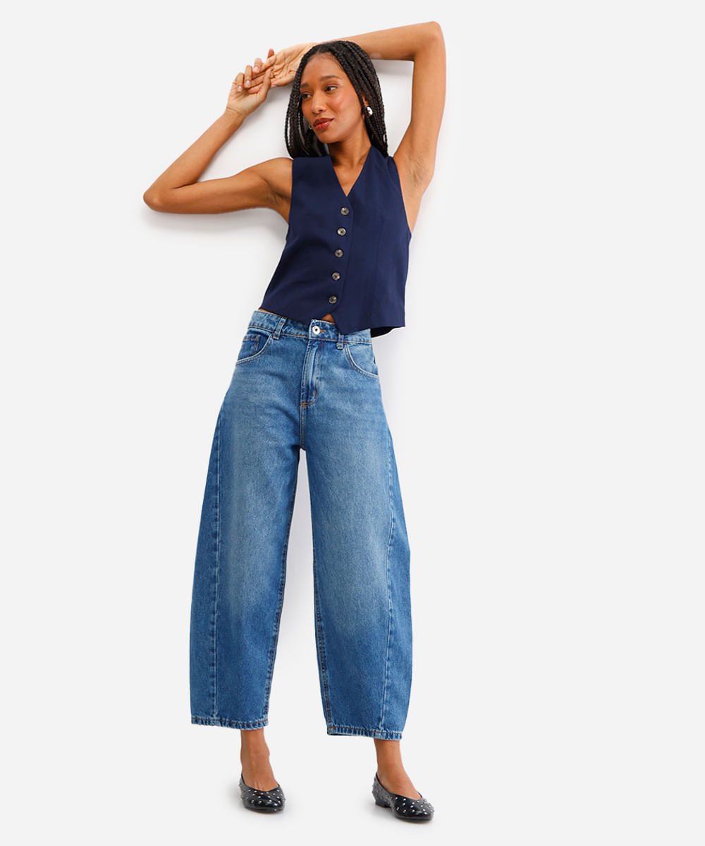 calça barrel feminina jenas com recorte azul