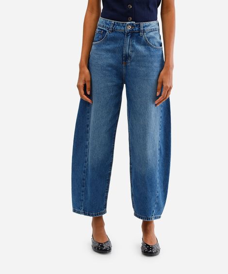 calça barrel feminina jenas com recorte azul