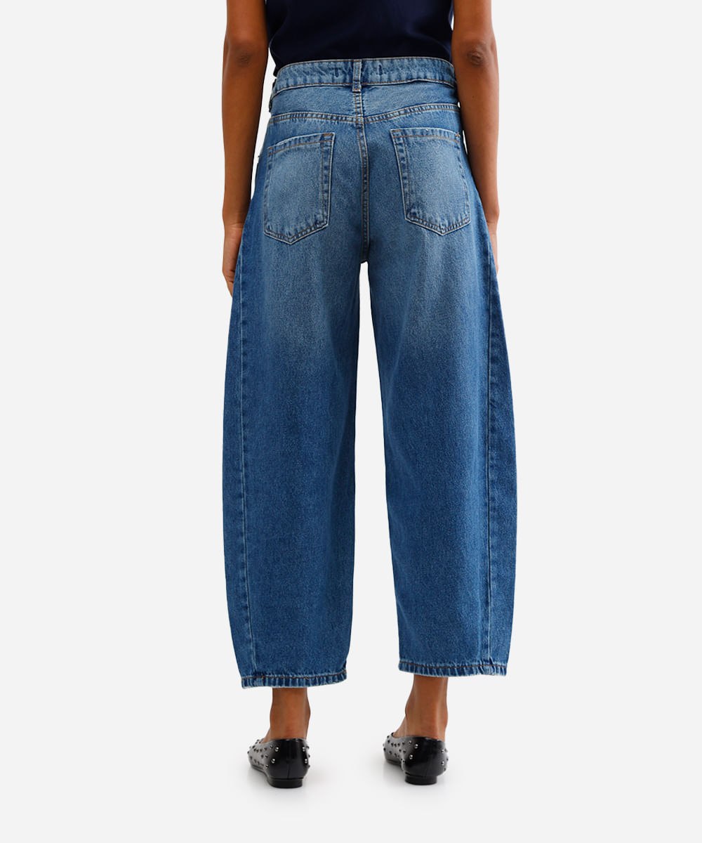 calça barrel feminina jenas com recorte azul