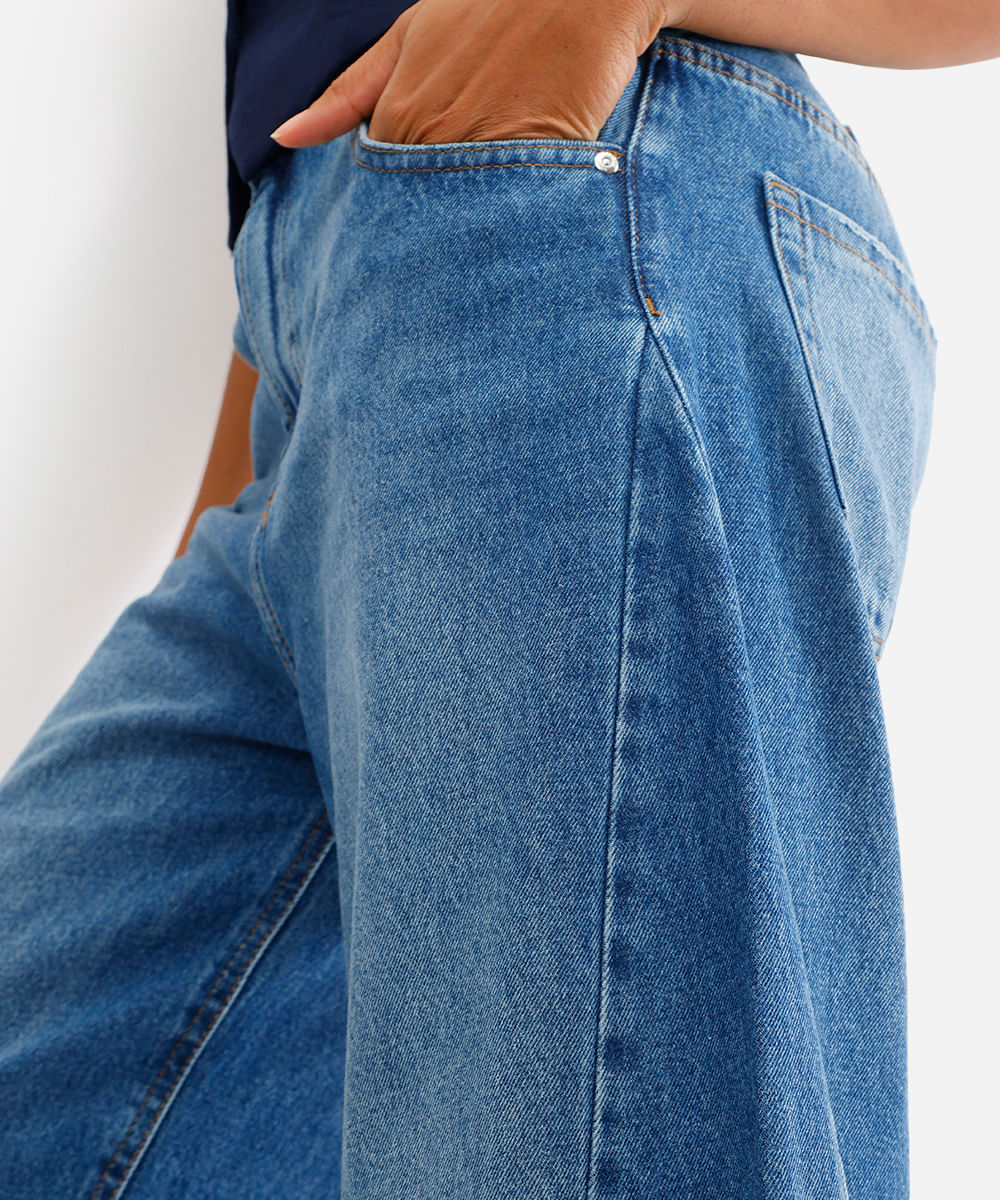 calça barrel feminina jenas com recorte azul