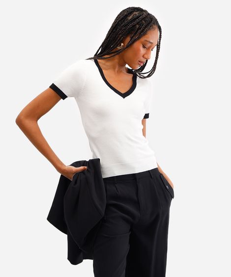 blusa feminina de tricot decote v off white