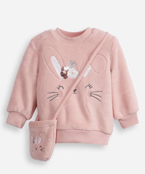 blusão de plush infantil coelhinho com bolsinha rosa