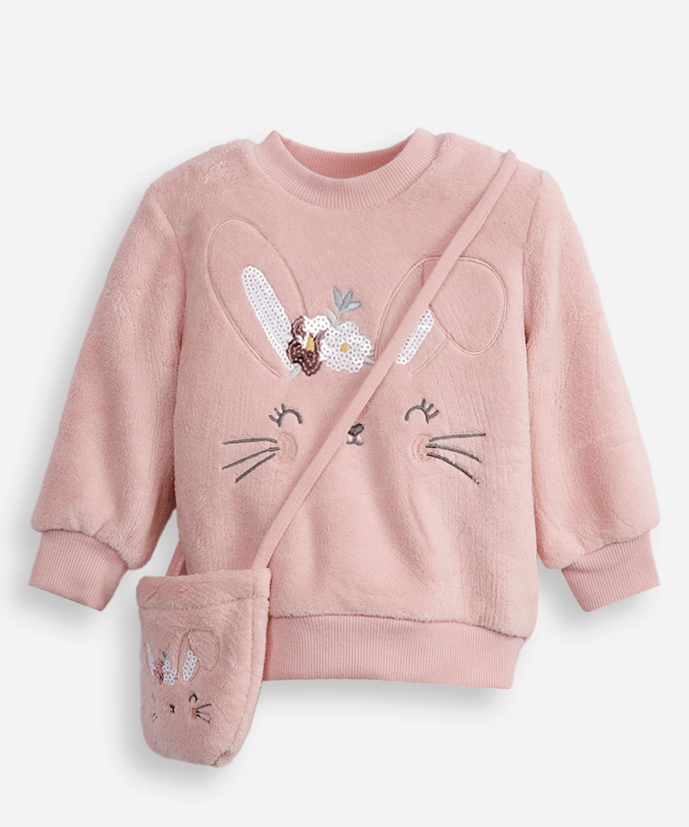 blusão de plush infantil coelhinho com bolsinha rosa