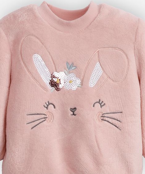blusão de plush infantil coelhinho com bolsinha rosa