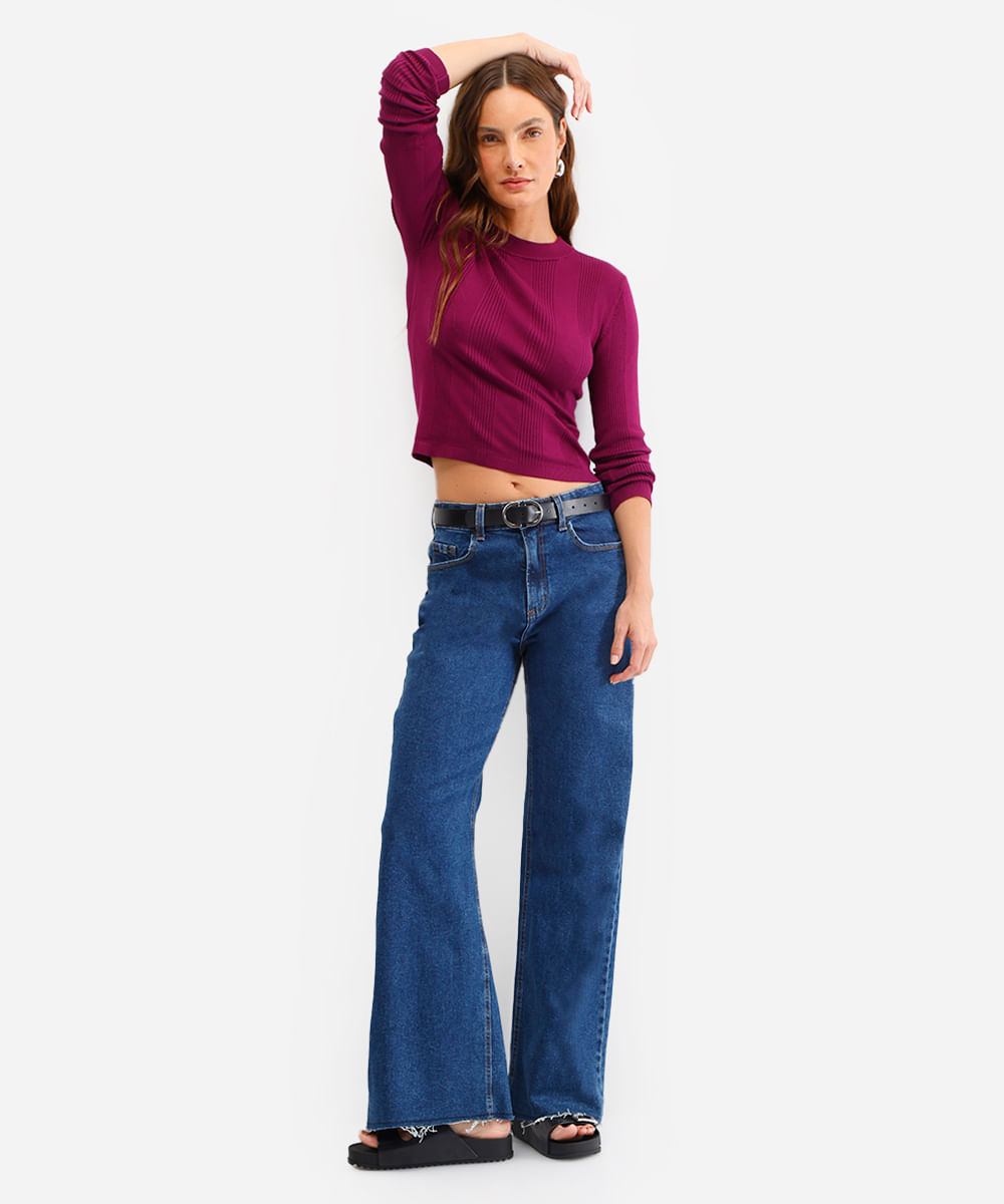 suéter básico de tricot canelado - roxo