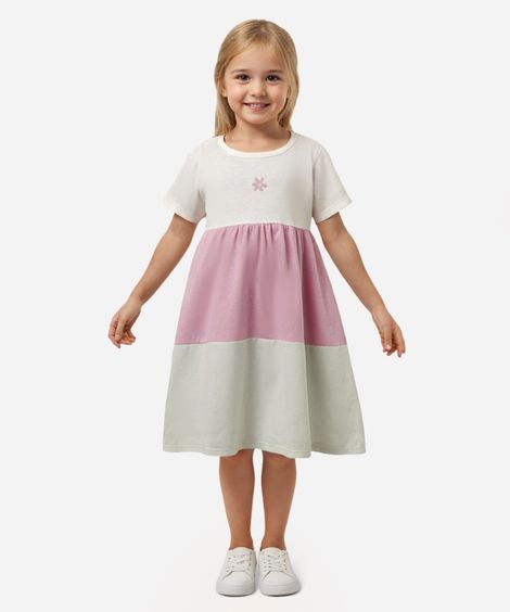 vestido infantil de algodão tricolor flor rosa