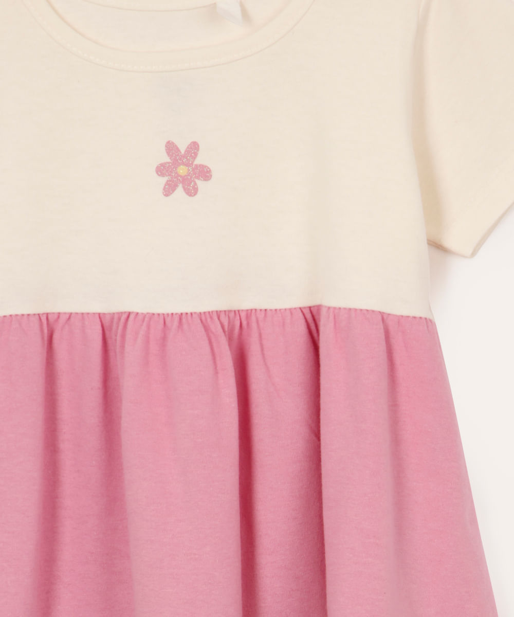 vestido infantil de algodão tricolor flor rosa