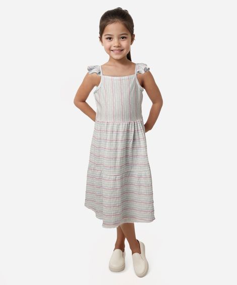 vestido midi infantil com babado listrado off white
