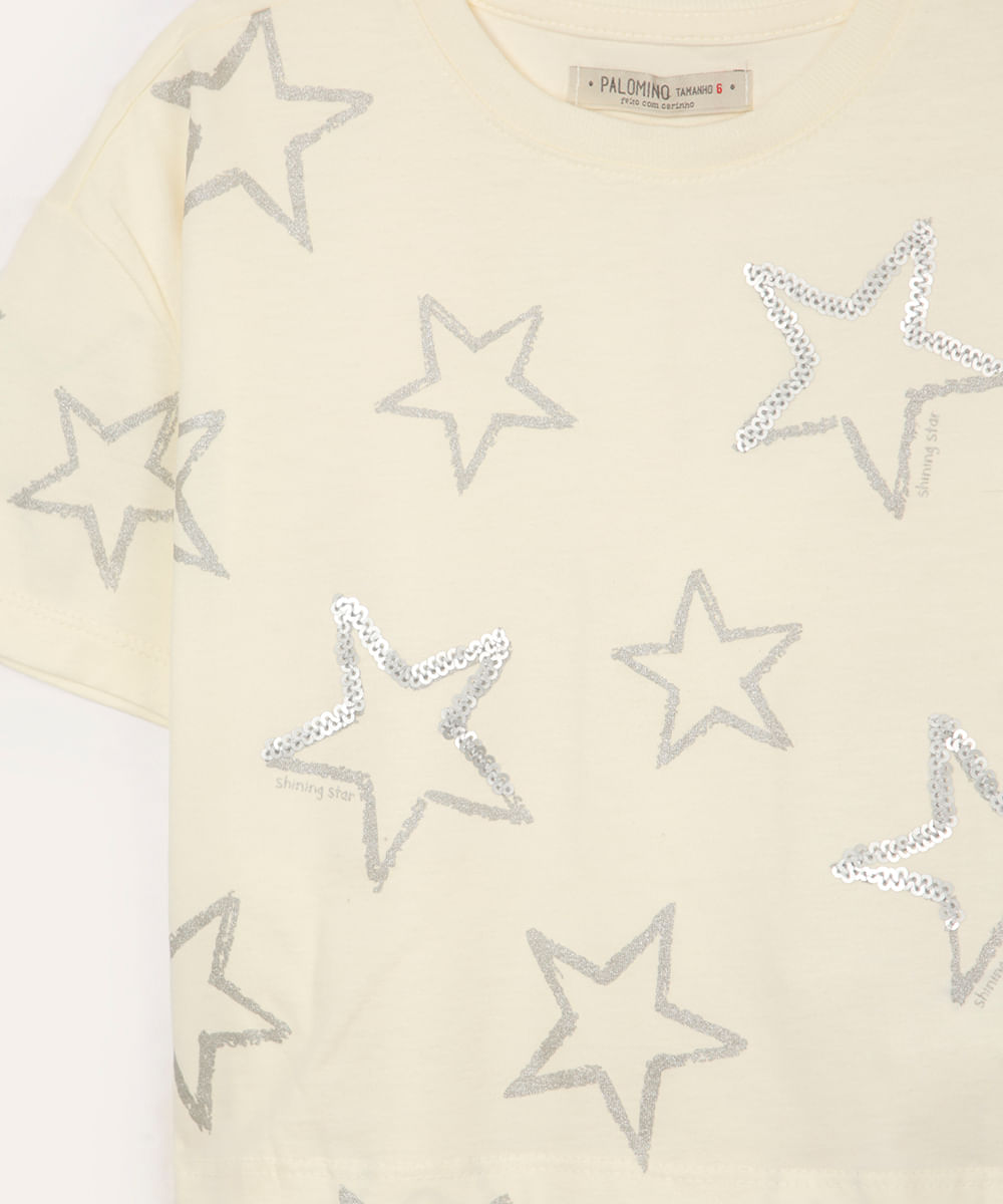 camiseta de algodão infantil estrelas com paête off white