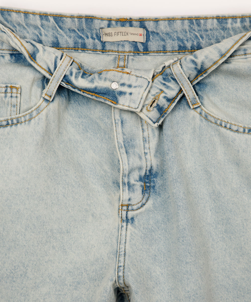 short mom jeans juvenil cós virado azul