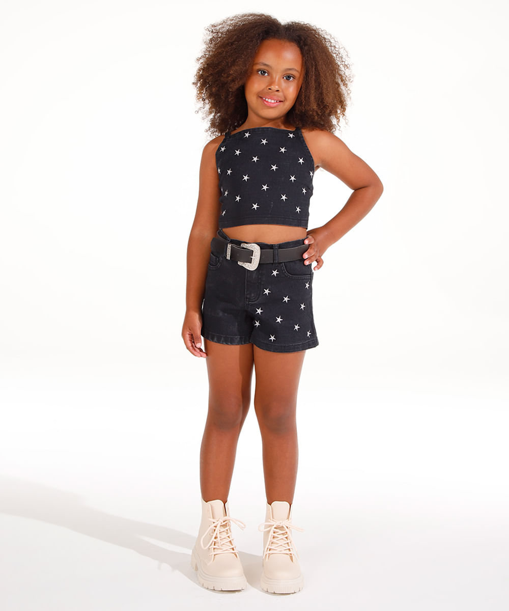 cropped jeans infantil com estrelas preto