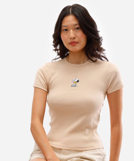 blusa feminina de algodão snoopy canelada bege