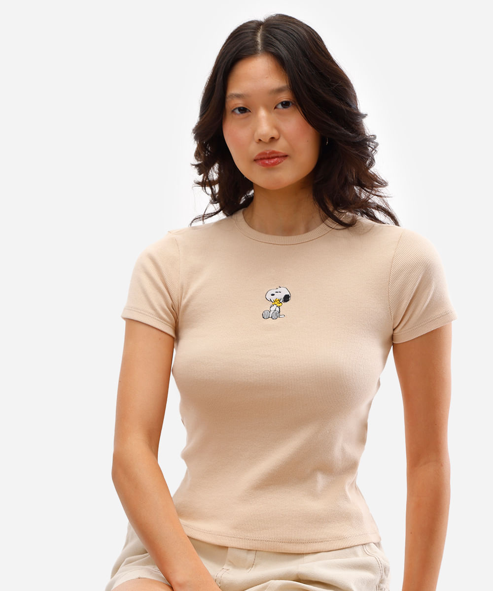 blusa feminina de algodão snoopy canelada bege