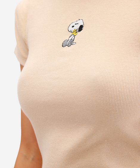 blusa feminina de algodão snoopy canelada bege