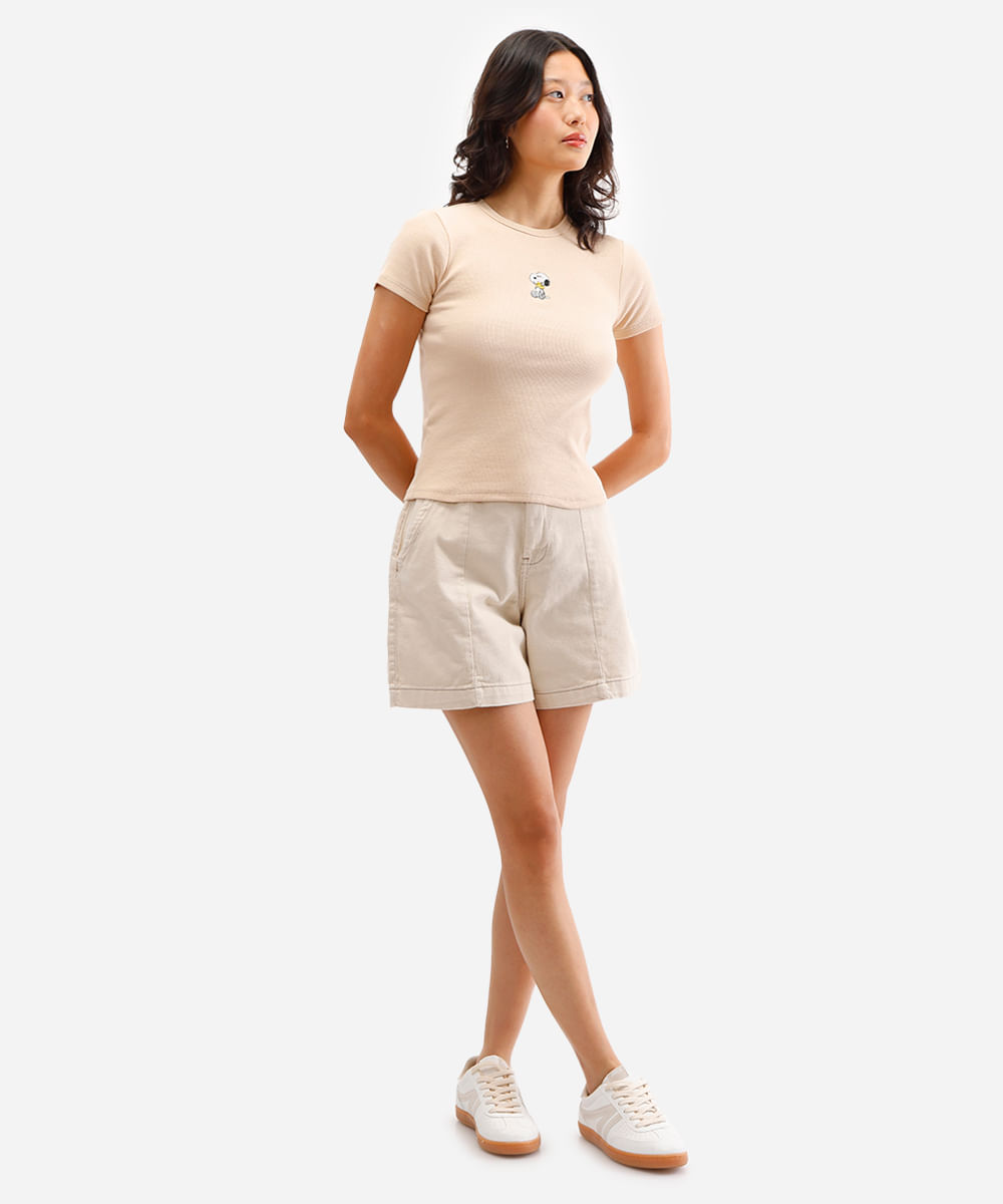 blusa feminina de algodão snoopy canelada bege