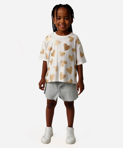 camiseta de algodão infantil coração com paetê off white