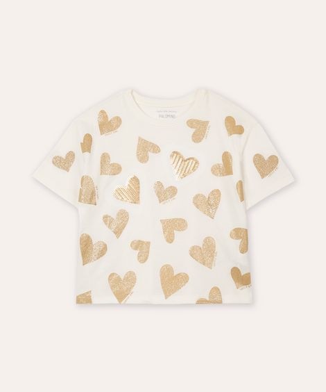 camiseta de algodão infantil coração com paetê off white