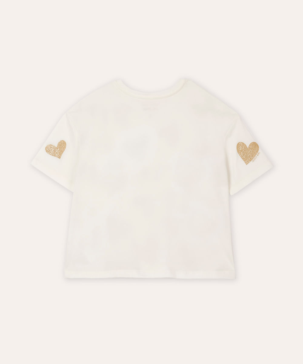camiseta de algodão infantil coração com paetê off white