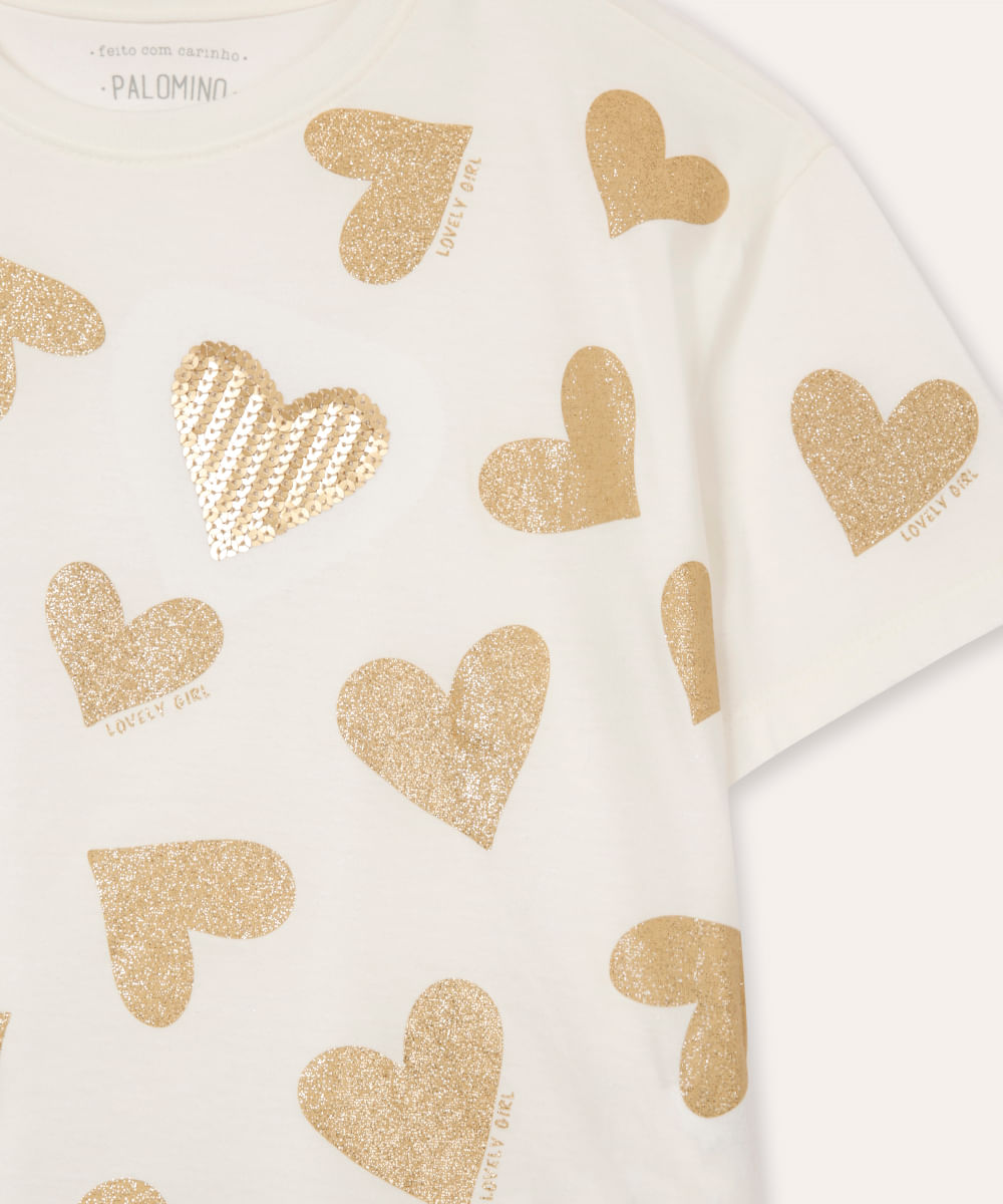camiseta de algodão infantil coração com paetê off white