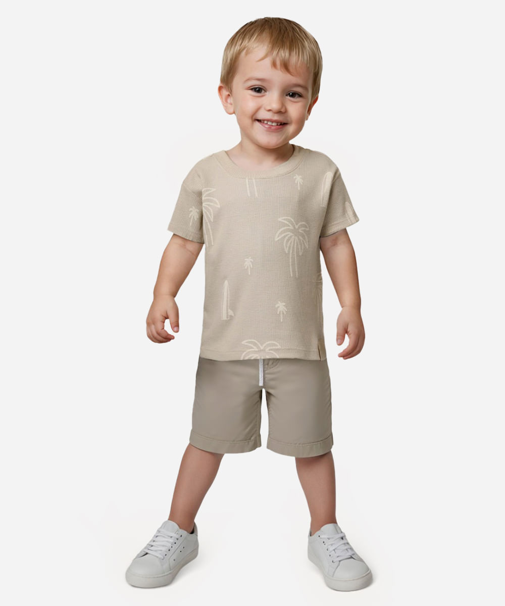 camiseta infantil texturizada coqueiros bege