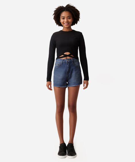 blusa juvenil canelada manga longa preta