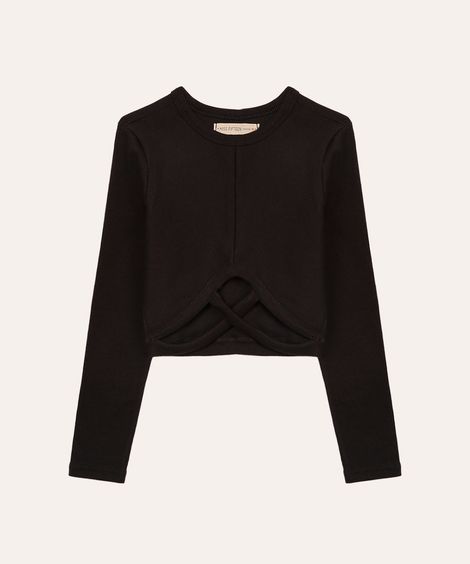 blusa juvenil canelada manga longa preta